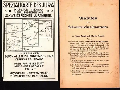 Statuten des Schweizerischen Juravereins , 1922 , Olten , A. Rauber , E. Champion !!! Mit Jura - Spezialkarte !!!