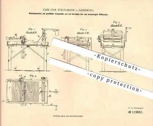 original Patent - Carl Chr. Stegelmann in Flensburg , 1900 , Waschmaschine mit Riffelwalze , Haushalt !!!