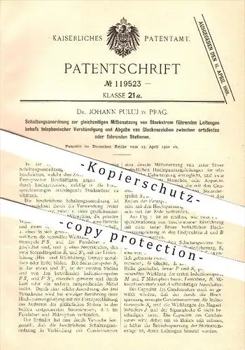 original Patent - Dr. Johann Puluj in Prag , 1900 , Schaltungsanordnung zur Benutzung von Starkstromleitungen !!!