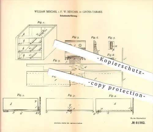 original Patent - William Beschel in Gross-Tabarz , 1894 , Schubkastenführung , Schubladen , Möbel , Tischler !!!