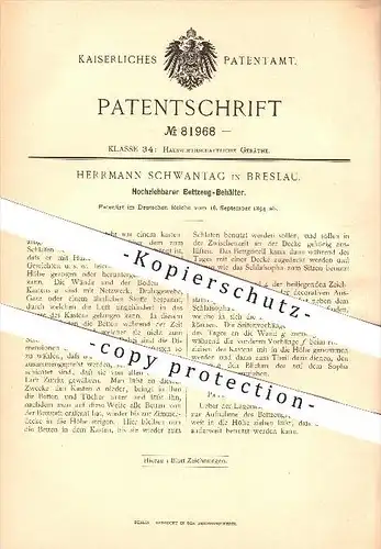original Patent - Herrmann Schwantag in Breslau , 1894 , Hochziehbarer Bettzeug-Behälter , Bett , Möbel !!!