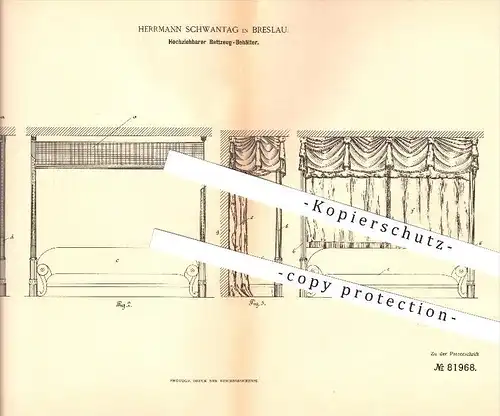 original Patent - Herrmann Schwantag in Breslau , 1894 , Hochziehbarer Bettzeug-Behälter , Bett , Möbel !!!