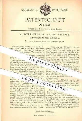 original Patent - Anton Pakpfeiffer in Wien , Hernals , 1894 , Kartoffeldämpfer für Koch- und Bratöfen , Haushalt !!!