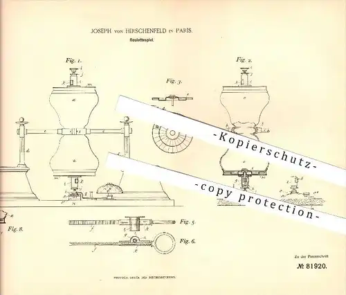 original Patent - Joseph von Hirschenfeld in Paris , 1894 , Roulettespiel , Roulette , Spiele , Casino , Spielbank !!!