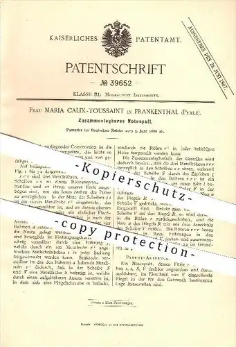 original Patent - Maria Calix-Toussaint in Frankenthal , 1886 , Zusammenlegbares Notenpult , Noten , Musik !!!