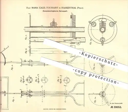 original Patent - Maria Calix-Toussaint in Frankenthal , 1886 , Zusammenlegbares Notenpult , Noten , Musik !!!
