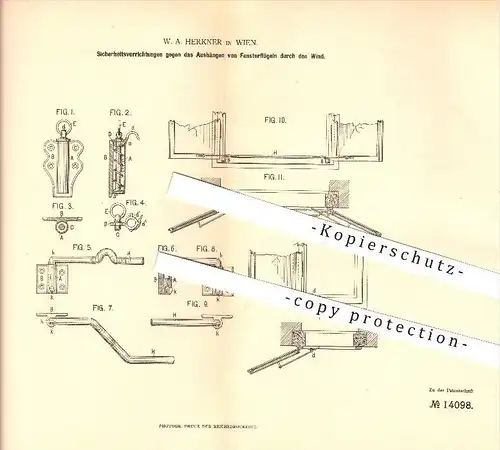 original Patent - W. A. Herkner in Wien , 1880, Sicherheitsvorrichtungen an Fenstern , Fensterbau , Tischler !!