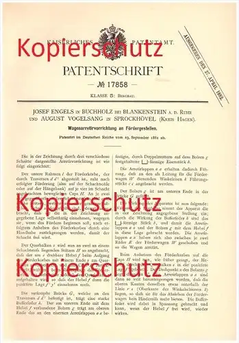 original Patent - J. Engels in Buchholz & A. Vogelsang in Sprockhövel , 1881 , Fördergestelle , Bergbau , Förderung !!!