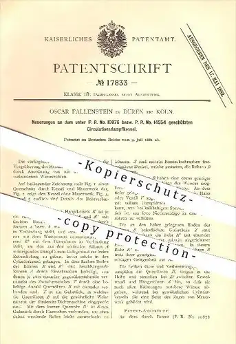 original Patent - Oscar Fallenstein in Düren bei Köln , 1881 , Zirkulationsdampfkessel , Dampfkessel !!!