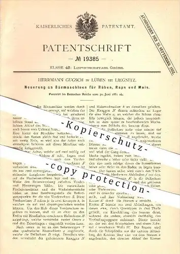 original Patent - Herrmann Gugsch in Lüben bei Liegnitz , 1881 , Sämaschinen für Rüben, Raps und Mais !!!