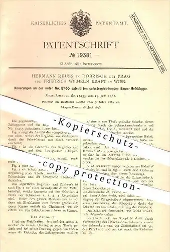 original Patent - H. Reuss in Dobrisch bei Prag & F. W. Kraft in Wien , 1882 , Selbstregistrierende Baum-Messkluppe !!!
