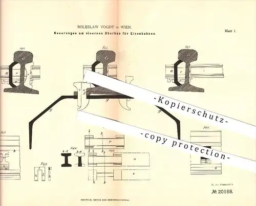 original Patent - Boleslaw Vogdt in Wien , 1882 , Eiserner Oberbau für Eisenbahnen , Lokomotiven !!!