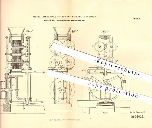 original Patent - Henri Lissagaray & Hippolyte Leplay in Paris , 1883 , Zerkleinerung und Knetung von Fett !!!