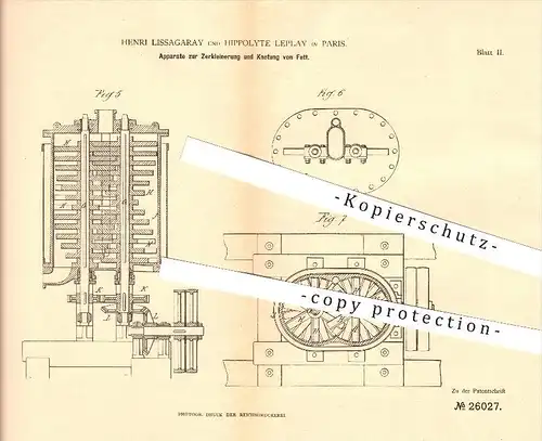 original Patent - Henri Lissagaray & Hippolyte Leplay in Paris , 1883 , Zerkleinerung und Knetung von Fett !!!