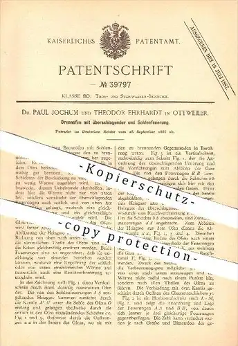 original Patent - Dr. Paul Jochum & Theodor Ehrhardt in Ottweiler , 1886 , Brennofen mit Sohlenfeuerung , Ofen !!!