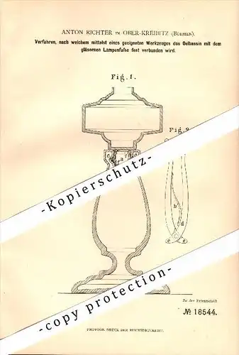 Original Patent - Anton Richter in Oberkreibitz , Böhmen , 1881 , Werkzeug für Lampen , Kreibitz , Chribská !!!