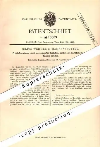 Original Patent - Julius Wehmer in Hankensbüttel ,1881, Preßhefegewinnung aus gedämpften Kartoffeln , Brauerei , Gifhorn