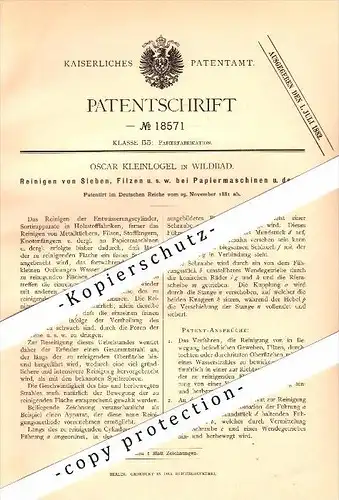 Original Patent - Oscar Kleinlogel in Wildbad , 1881 , Reinigung von Papiermaschinen , Papierfabrik !!!