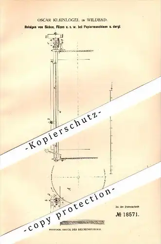 Original Patent - Oscar Kleinlogel in Wildbad , 1881 , Reinigung von Papiermaschinen , Papierfabrik !!!