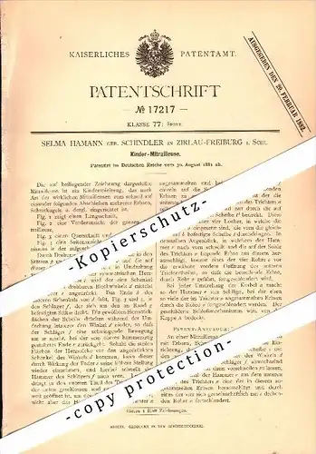 Original Patent - S. Hamann - Schindler in Zirlau b. Freiburg / Swiebodzice , 1881 , Kinder - Mitrailleuse , Schlesien !