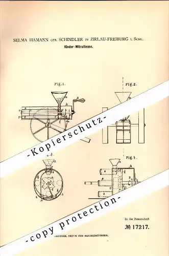 Original Patent - S. Hamann - Schindler in Zirlau b. Freiburg / Swiebodzice , 1881 , Kinder - Mitrailleuse , Schlesien !