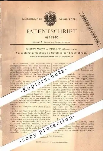 Original Patent - Gustav Voigt in Ferlach , Kärnten , 1881 , Verschluss an Gefäßen zur Drahtführung !!!
