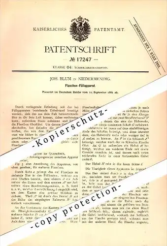Original Patent - Joh. Blum in Niedermendig / Mendig , 1881 , Flaschen-Füllapparat  !!!