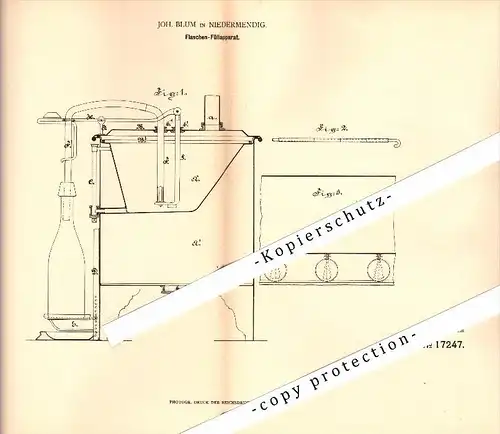 Original Patent - Joh. Blum in Niedermendig / Mendig , 1881 , Flaschen-Füllapparat  !!!
