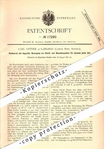Original Patent -  Carl Studer in Langnau im Emmental , 1881 , Bleich- und Waschmaschine für Gewebe , Kanton Bern !!!