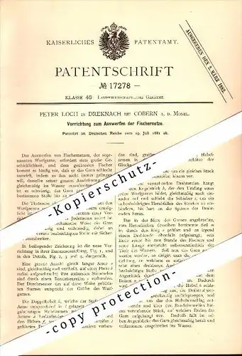 Original Patent - Peter Loch in Dreknach b. Kobern a.d. Mosel ,1881, Apparat für Fischernetze , Fischer , Kobern-Gondorf