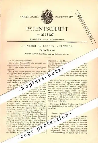 Original Patent - Heinrich von Leesen in Itzehoe , 1881 , Fußwärmer !!!
