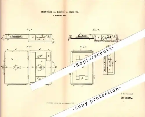 Original Patent - Heinrich von Leesen in Itzehoe , 1881 , Fußwärmer !!!