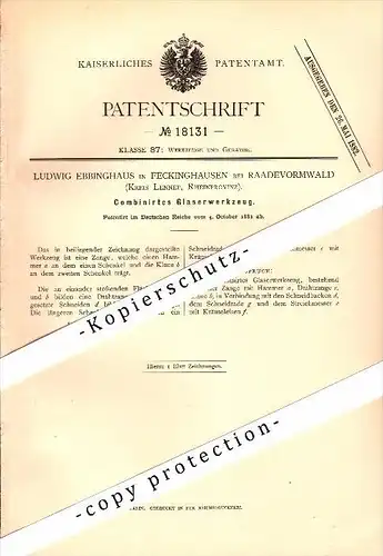 Original Patent - L. Ebbinghaus in Feckinghausen b. Radevormwald , 1881 , Werkzeug für Glaser , Glas , Lennep  !!!