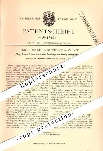 Original Patent - H.Möller in Grevenkop b. Crempe , 1881, Pflug mit Parallelogrammführung , Itzehoe , Steinburg , Krempe