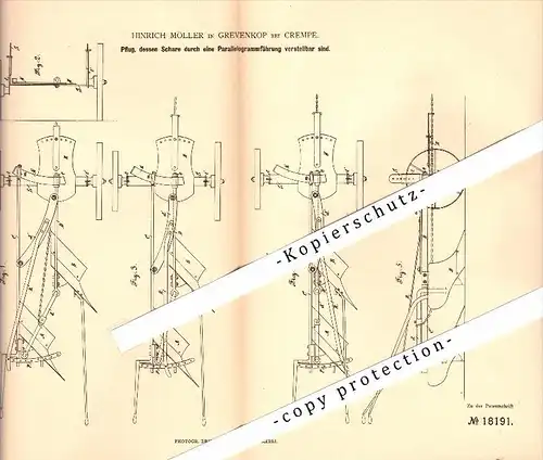 Original Patent - H.Möller in Grevenkop b. Crempe , 1881, Pflug mit Parallelogrammführung , Itzehoe , Steinburg , Krempe