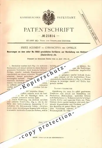 Original Patent - Fritz Schmidt in Chrosczina b. Oppeln / Opole , 1882 , Herstellung von Dachziegeln , Schlesien !!!