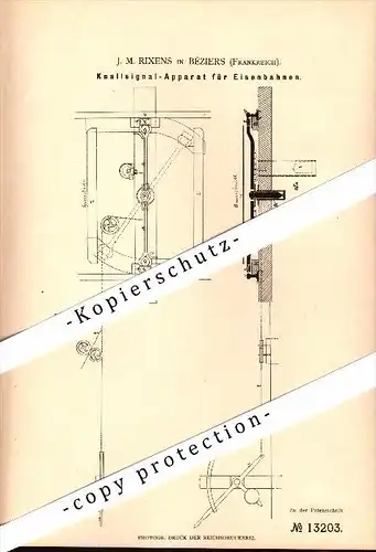 Original Patent - J.M. Rixens à Béziers , 1880 , Appareil Pop-signal pour chemin de fer !!!