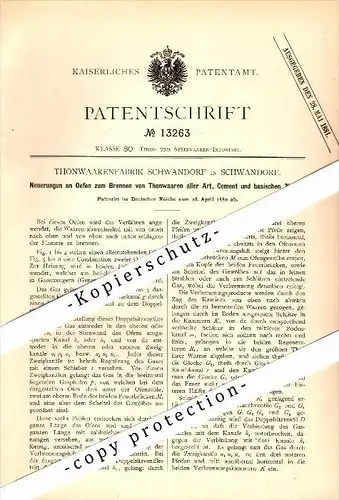 Original Patent - Thonwaarenfabrik in Schwandorf , 1880 , Ofen zum Brennen von Thon und Ziegeln , Ziegelei !!!