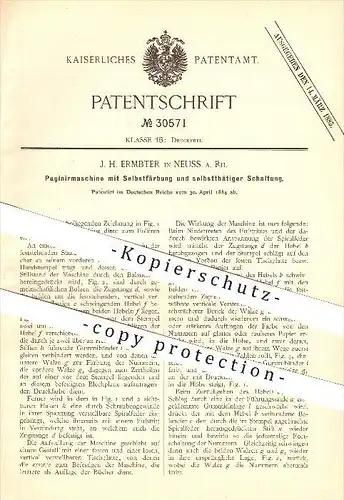 original Pantent - J. H. Ermbter in Neuss a. Rh. , 1884 , Paginiermaschine mit Selbstfärbung und selbsttätiger Schaltung