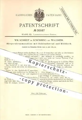 original Pantent - WM. Schmidt in Schönberg bei Waldheim , 1884 , Düngerstreumaschine mit Schleuderrad und Siebkorb !!!