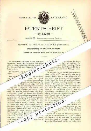 Original Patent - Honoré Badoinot in Goncourt , 1880 , appareils pour charrues , agriculture !!!