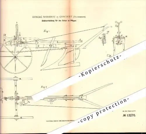 Original Patent - Honoré Badoinot in Goncourt , 1880 , appareils pour charrues , agriculture !!!