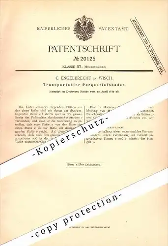 Original Patent - C. Engelbrecht in Wisch b. Probstei , 1882 , transportabler Parkettfußboden , Parkett , Plön !!!