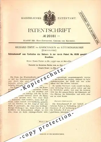 Original Patent - Richard Emde in Garschagen b. Lüttringhausen / Remscheid , 1882 , Bohrer und Brustleier , Bohrmaschine