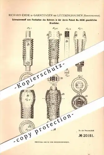 Original Patent - Richard Emde in Garschagen b. Lüttringhausen / Remscheid , 1882 , Bohrer und Brustleier , Bohrmaschine