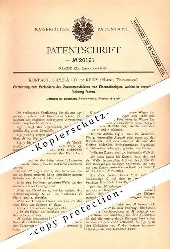 Original Patent - Ronfaut , Gaye & Co à Reims , 1881 , Appareil pour prévenir les accidents ferroviaires !!!