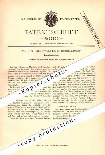 Original Patent - August Kiesewalter in Herrnsdorf b. Frensdorf , 1881 , Dreschmaschine , Landwirtschaft , Agrar !!!