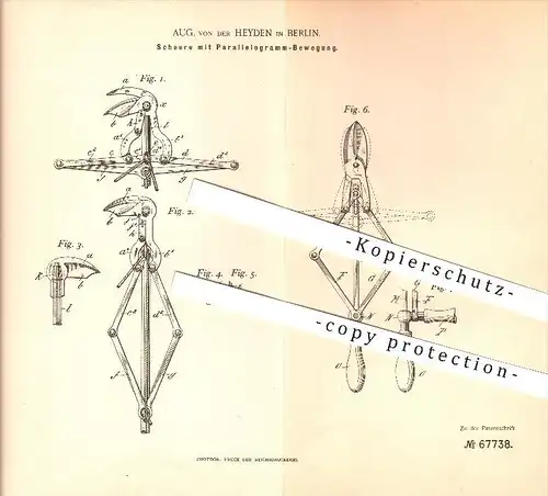 original Patent - Aug. von der Heyden in Berlin , 1892 , Schere mit Parallelogramm-Bewegung , Schneidwerkzeuge !!!