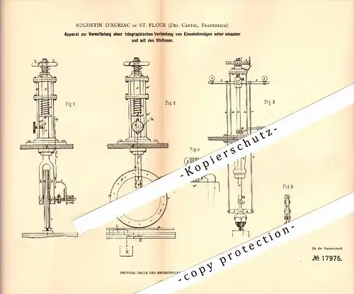 Original Patent - Augustin D`Auriac à Saint-Flour , Cantal , 1881, Appareil de télégraphie dans le domaine ferroviaire !