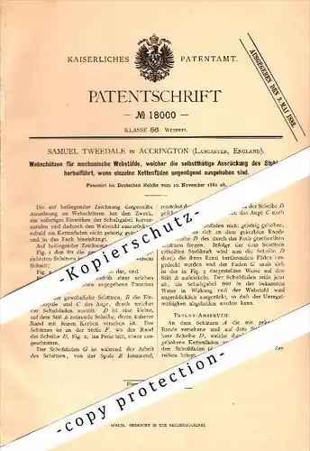 Original Patent - Samuel Tweedale in Accrington , Lancashire , 1881 , loom , Apparatus for weaving !!!